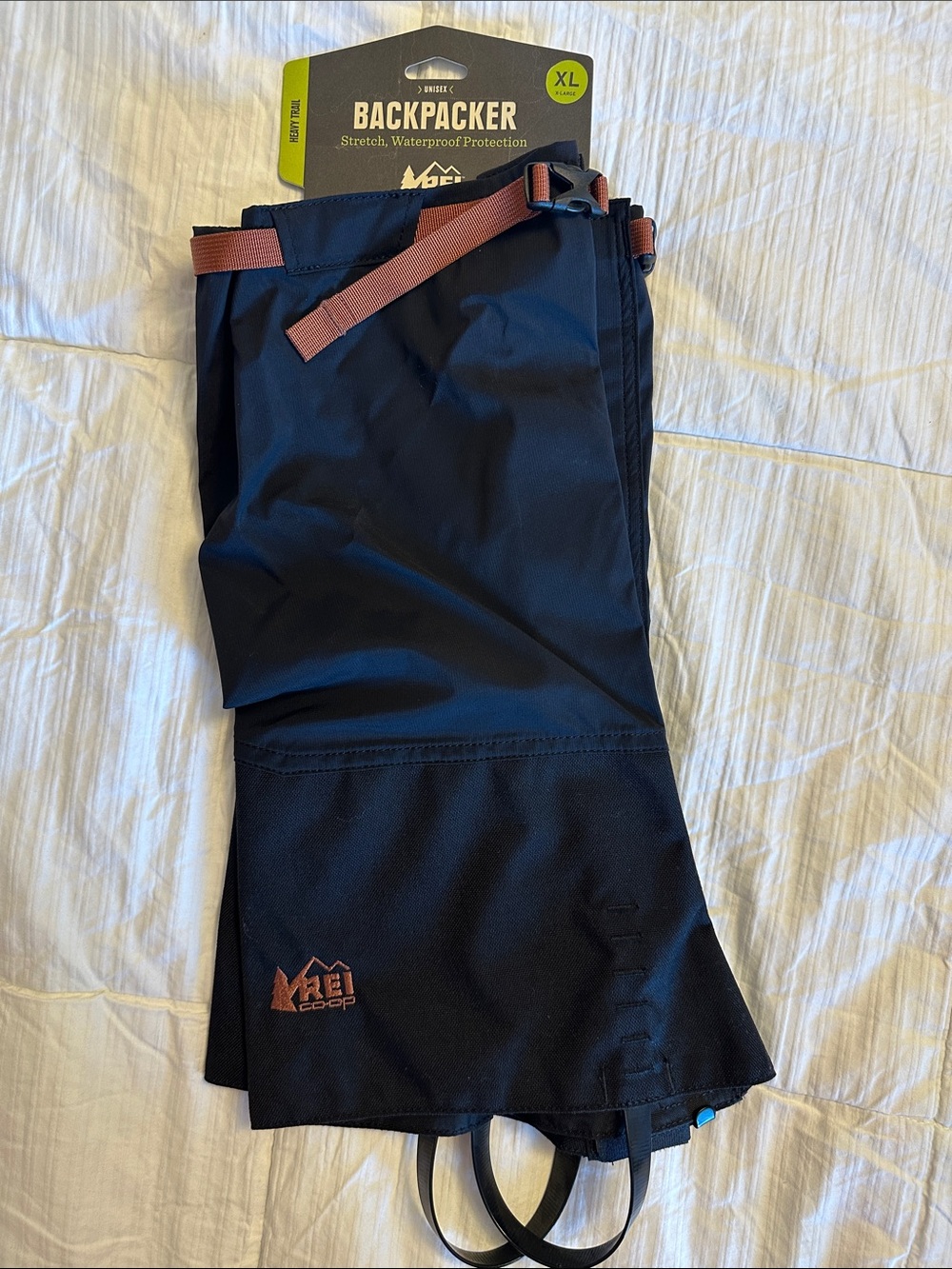 REI Backpacker Gaiters in Black with Brown Straps